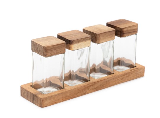 Σετ 4τμχ Βαζάκια Μπαχαρικών Γυάλινα Με Δίσκο Ακακίας 120ml Mooka Homla 215210 (Υλικό: Ξύλο, Χρώμα: Natural) - Homla - 215210